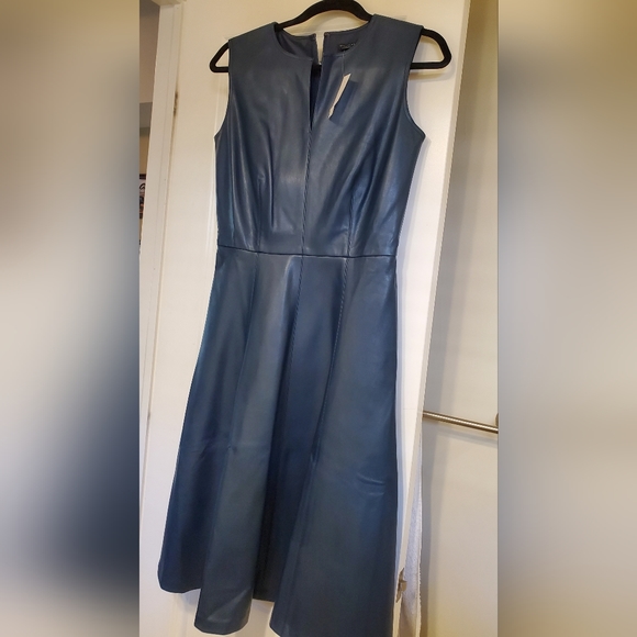 Ann Taylor Faux Leather Split Neck Flare Dress in Midnight Spruce - Picture 2 of 2